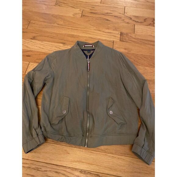 Tommy Hilfiger women's army green zip up bomber jacket snap pockets size small - Picture 1 of 9